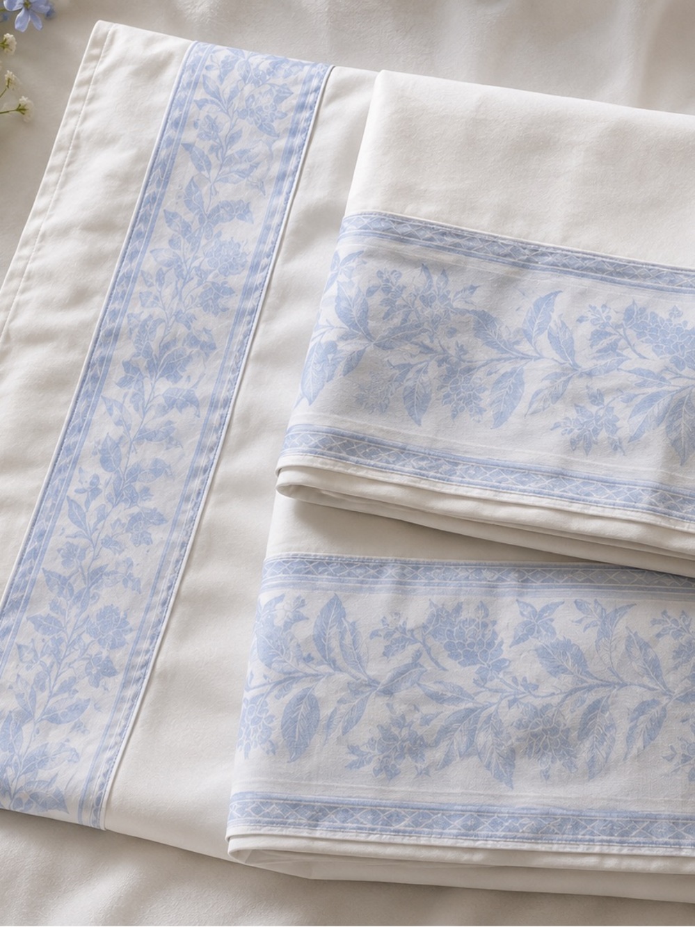 3 pc king Sheet set Ivory / Blue Leaf 2 Pillow cases 1 Flat Sheet (No Fitted)